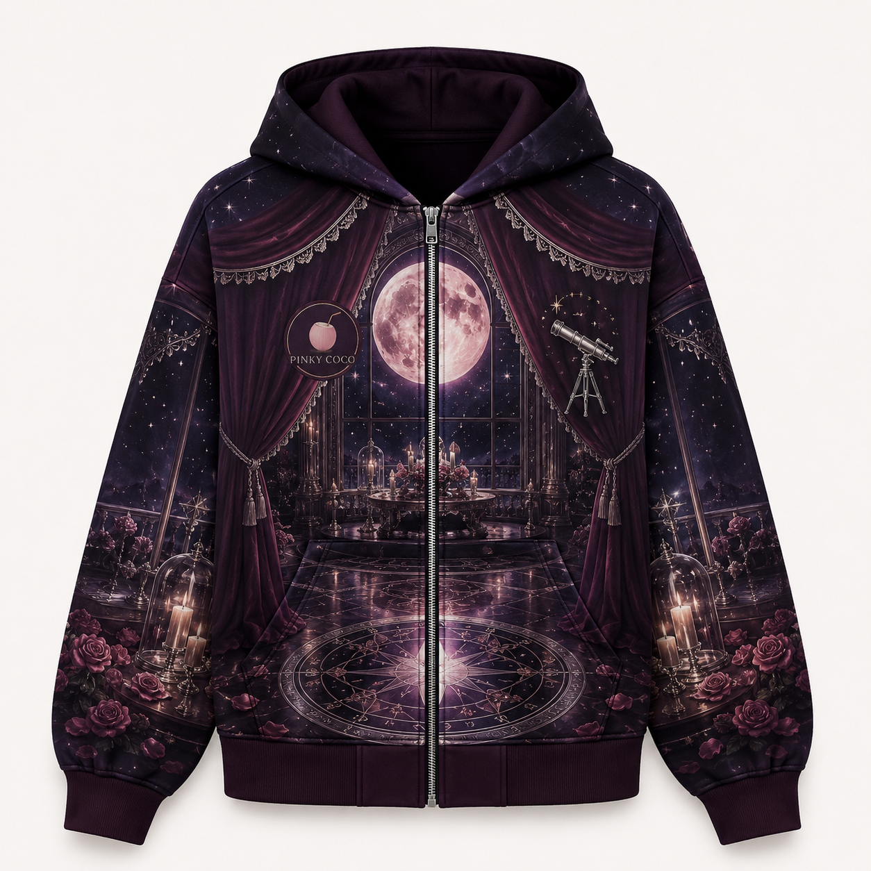 Model wearing the PinkyCoco Observatory fleece zip hoodie