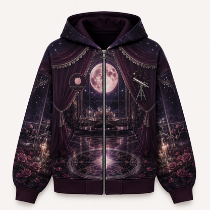 Model wearing the PinkyCoco Observatory fleece zip hoodie