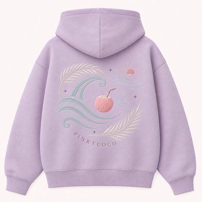 Model wearing the PinkyCoco Ocean Breeze oversized fleece hoodie