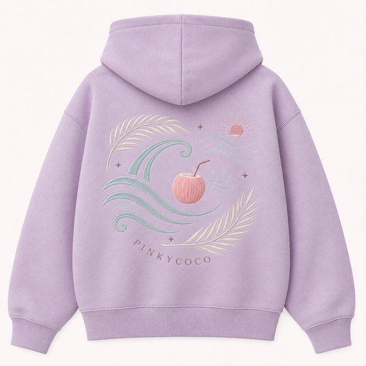 Model wearing the PinkyCoco Ocean Breeze oversized fleece hoodie