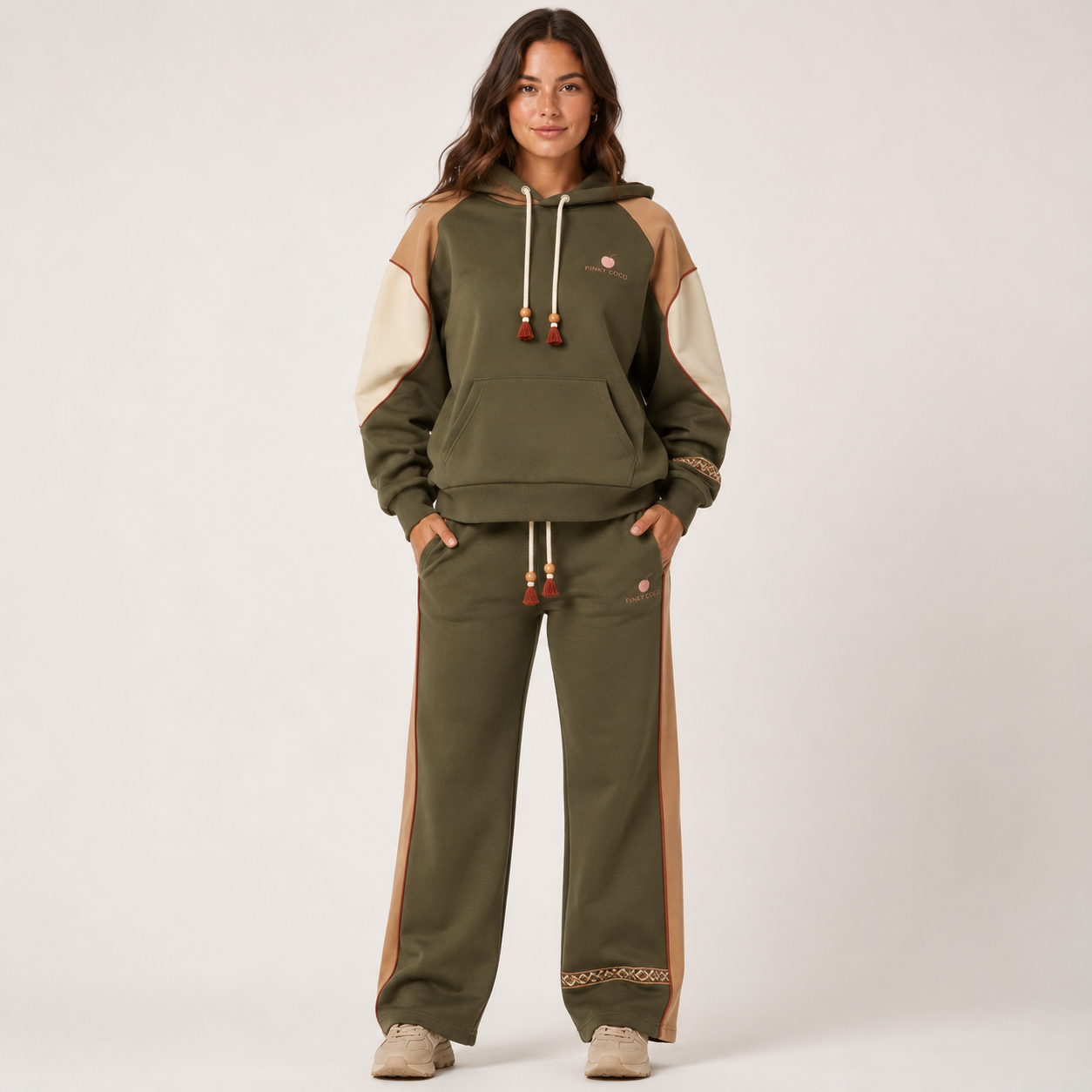 Model wearing the PinkyCoco Olive Desert Trail fleece hoodie and sweatpants set, front view