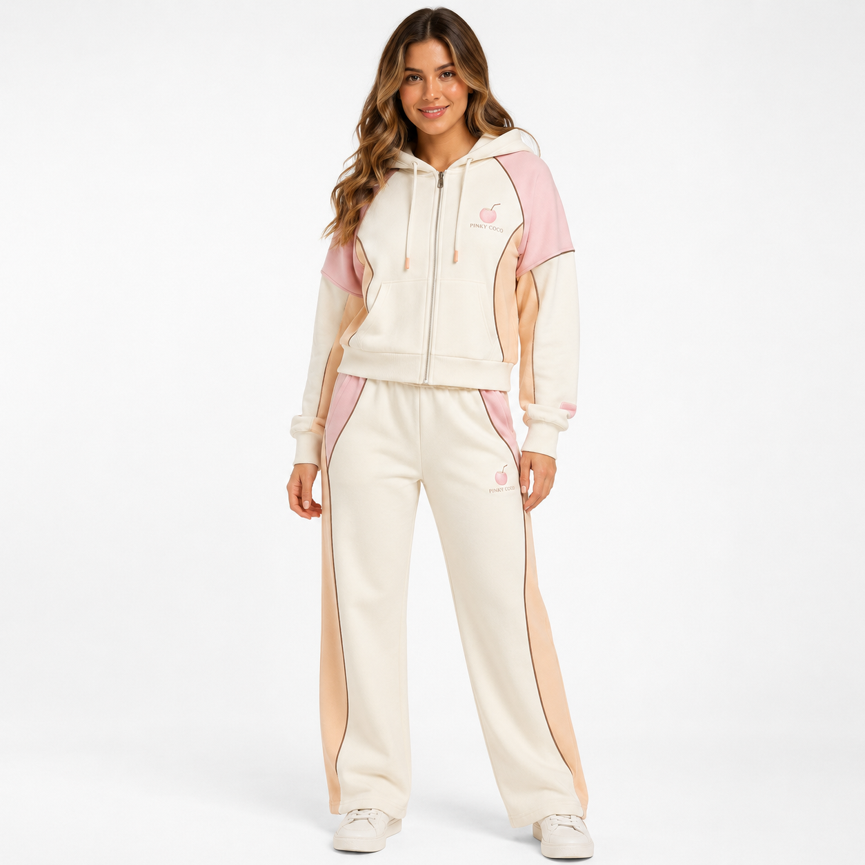 Model wearing the PinkyCoco Peachy Coco fleece hoodie and sweatpants set, front view