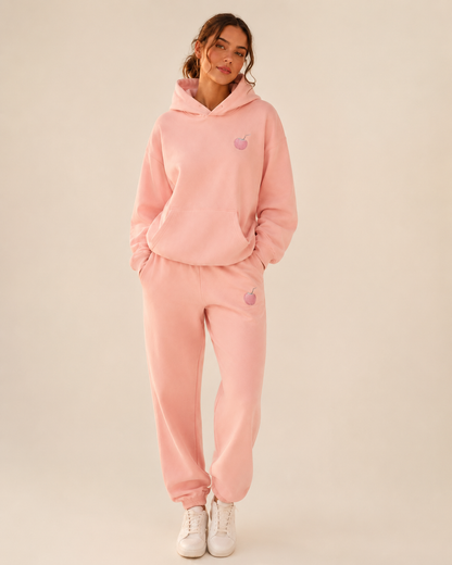 Front view of the PinkyCoco Pink Coconut Besties women's fleece hoodie and jogger set
