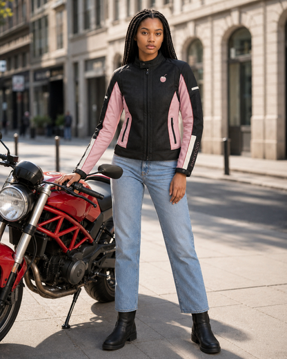 Model wearing the PinkyCoco Pink Mesh Ventilated Riding women's racing jacket, front view