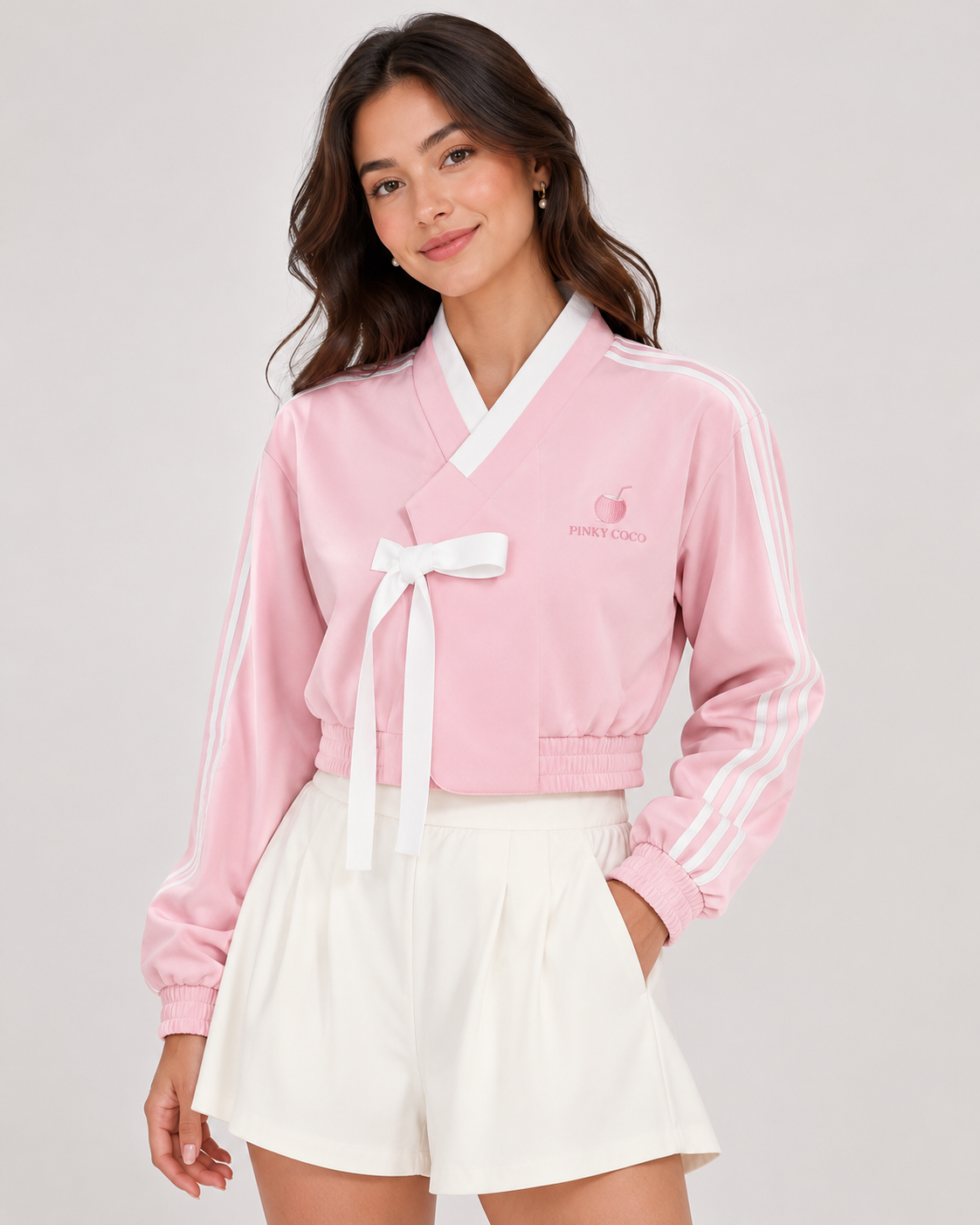 Model wearing PinkyCoco Pink Striped Bow Women's Fashion Jacket, front view