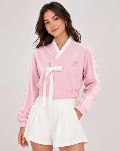 Model wearing PinkyCoco Pink Striped Bow Women's Fashion Jacket, front view