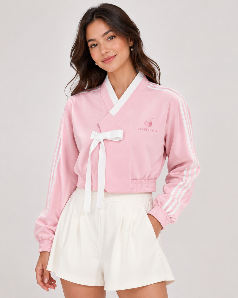 PinkyCoco Pink Striped Bow Women's Fabric Fashion Jacket