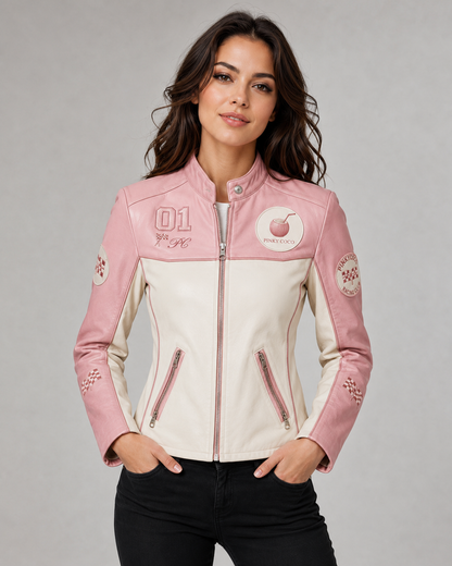 Model wearing the PinkyCoco Pink White women's racing jacket, front view