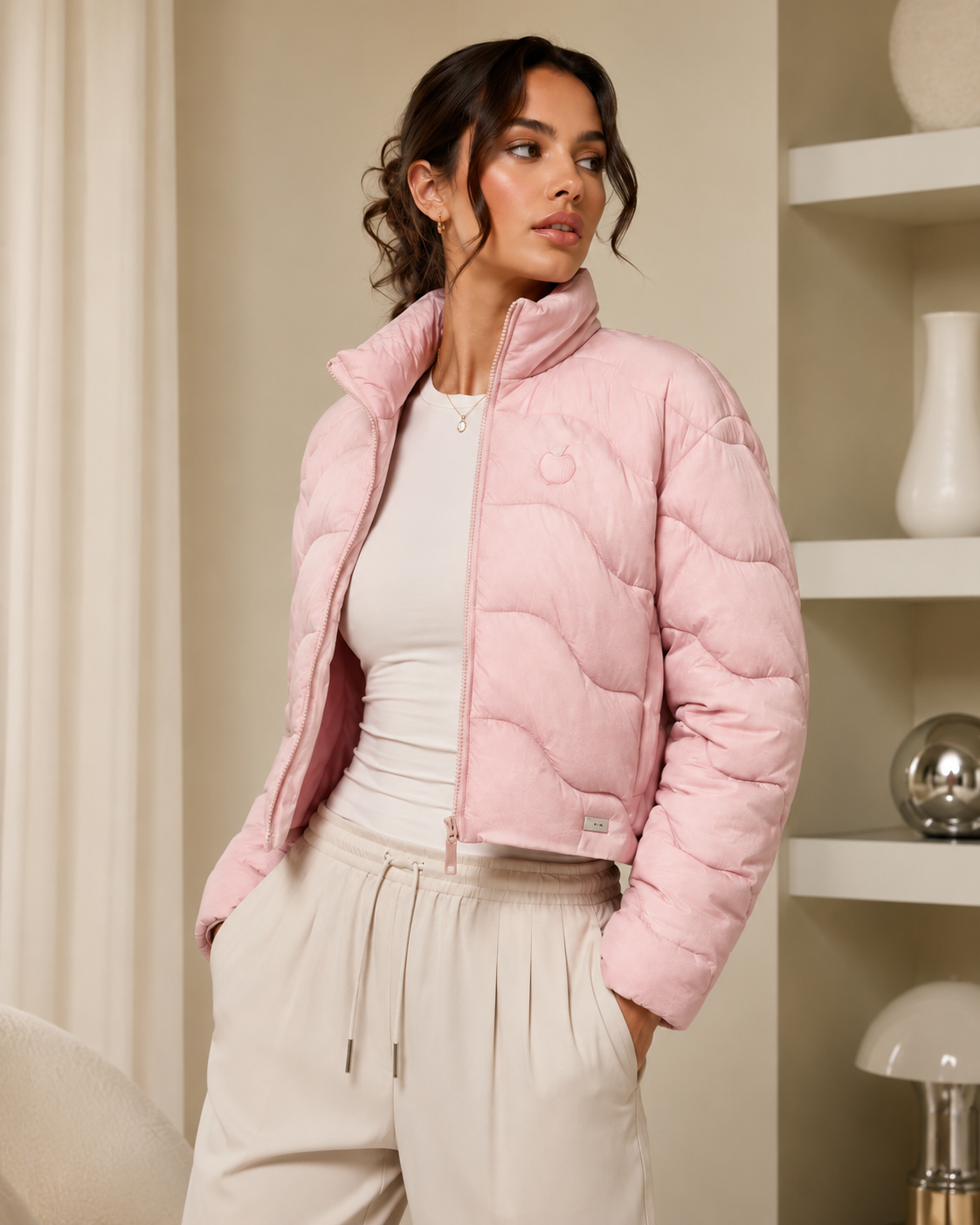Model wearing PinkyCoco Pink Women's Fashion Jacket, front view