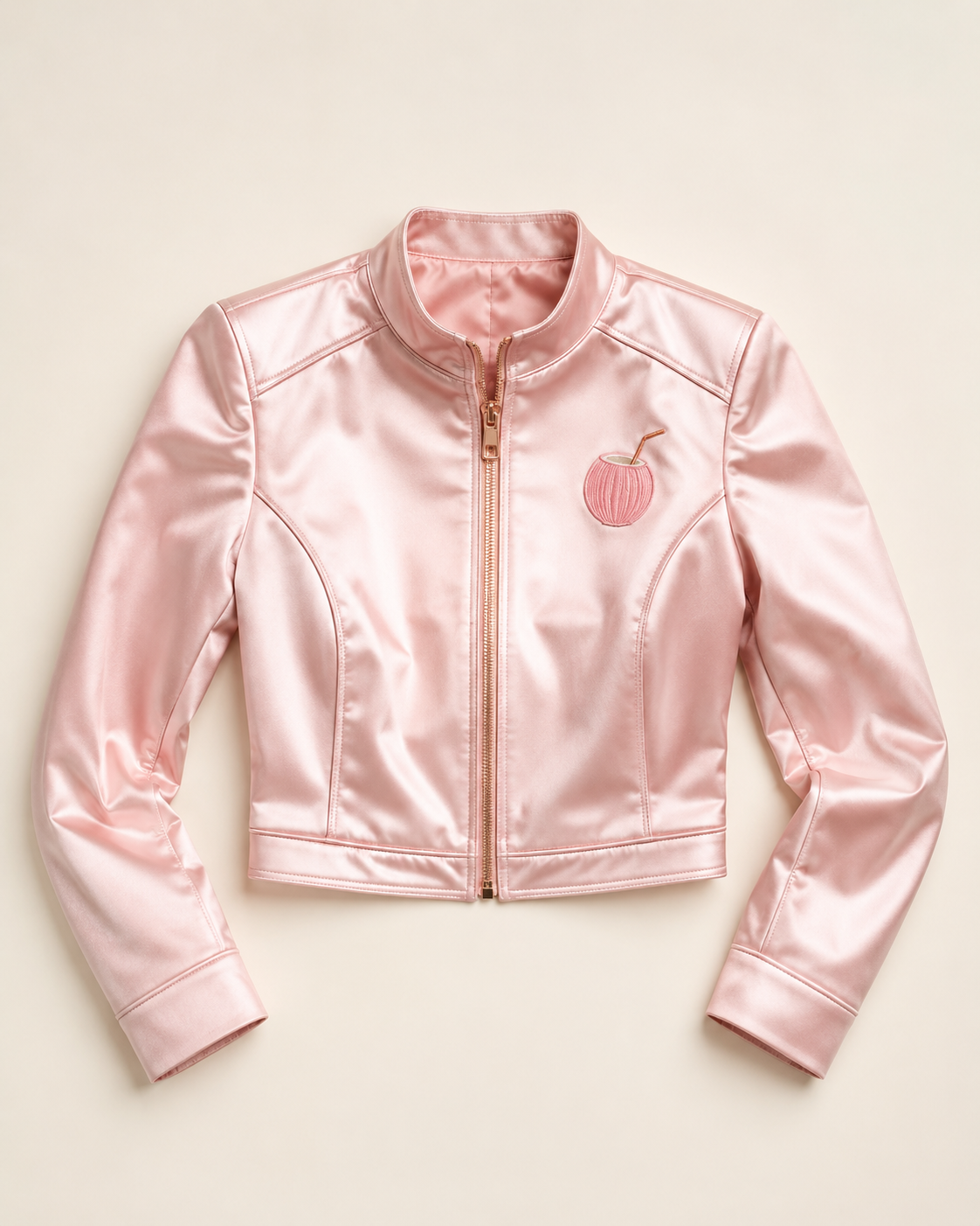 Model wearing PinkyCoco Pinky Women's Satin Bomber Jacket, front view