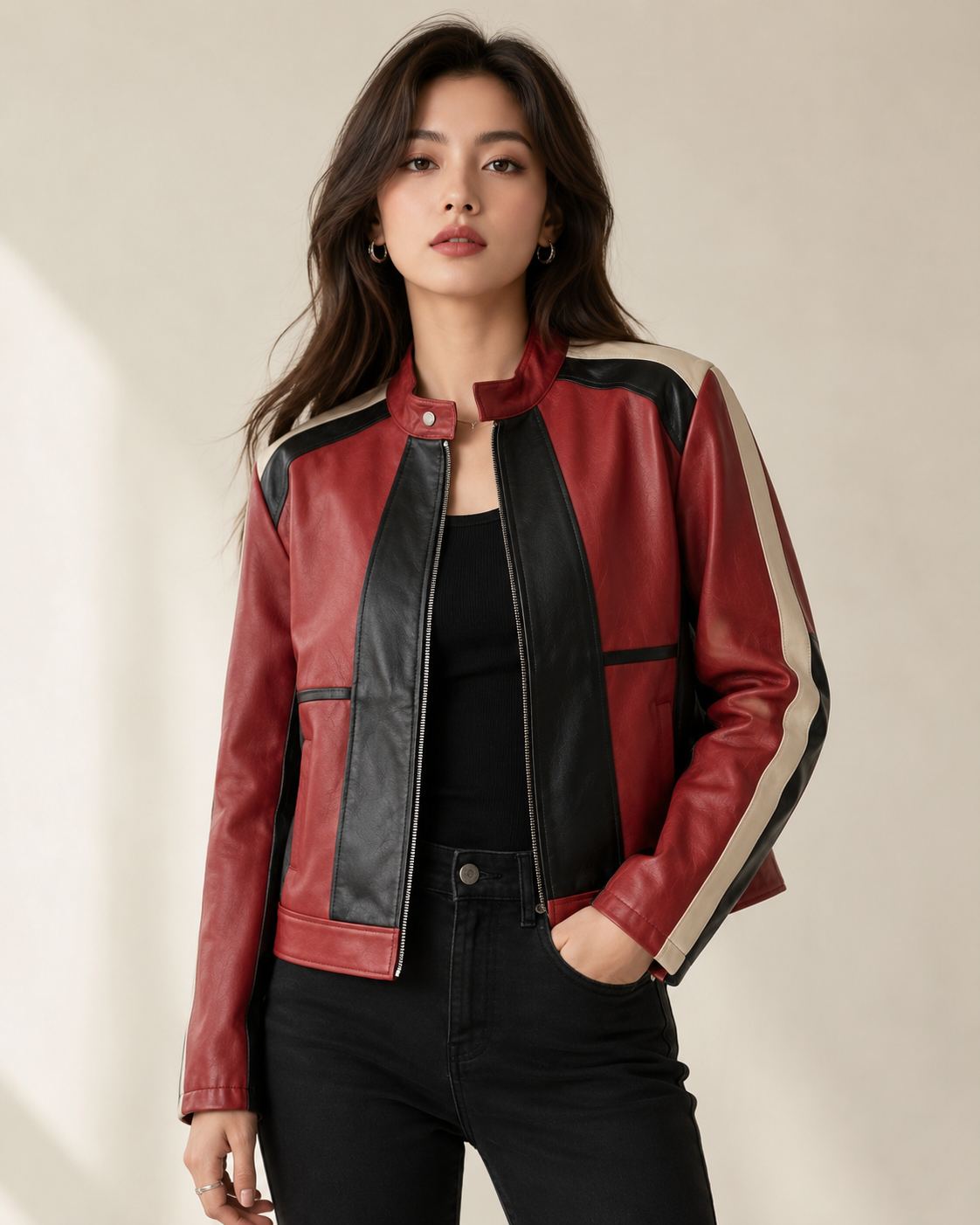 Model wearing the PinkyCoco Red Black Panel women's racing jacket, front view