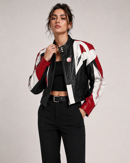 Model wearing the PinkyCoco Red Black Wing women's racing jacket, front view