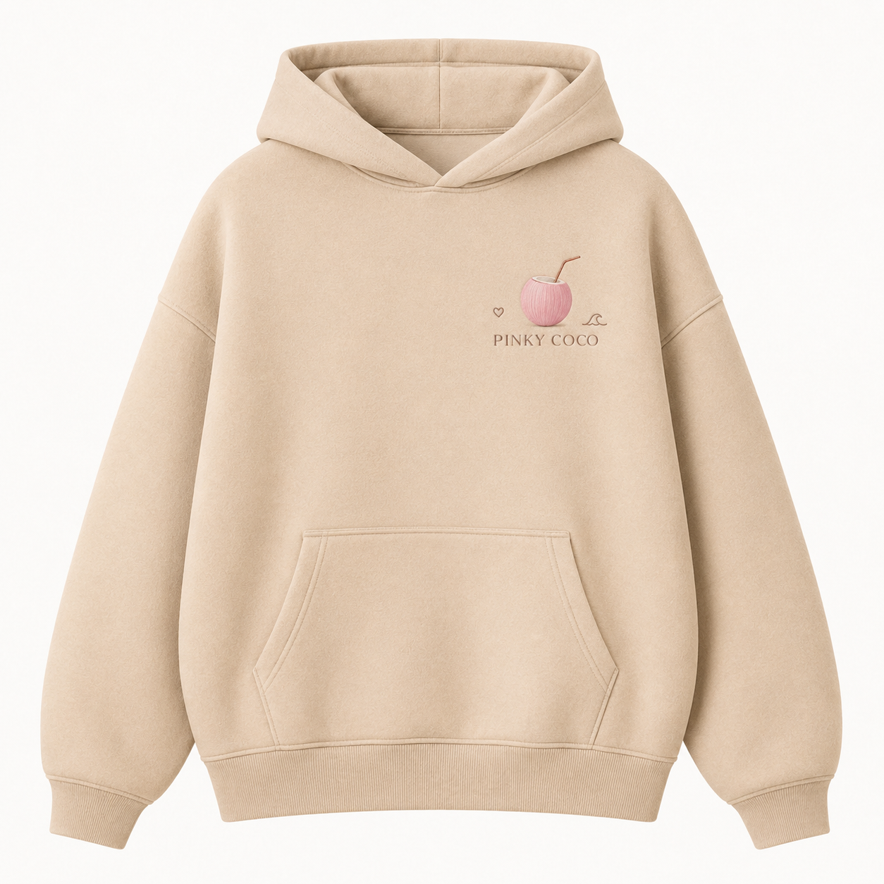 Model wearing the PinkyCoco Sand Rose Horizon oversized fleece hoodie