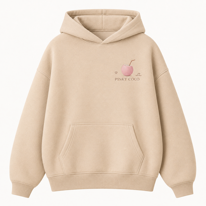 Model wearing the PinkyCoco Sand Rose Horizon oversized fleece hoodie