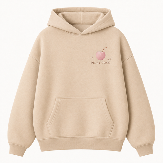 Model wearing the PinkyCoco Sand Rose Horizon oversized fleece hoodie