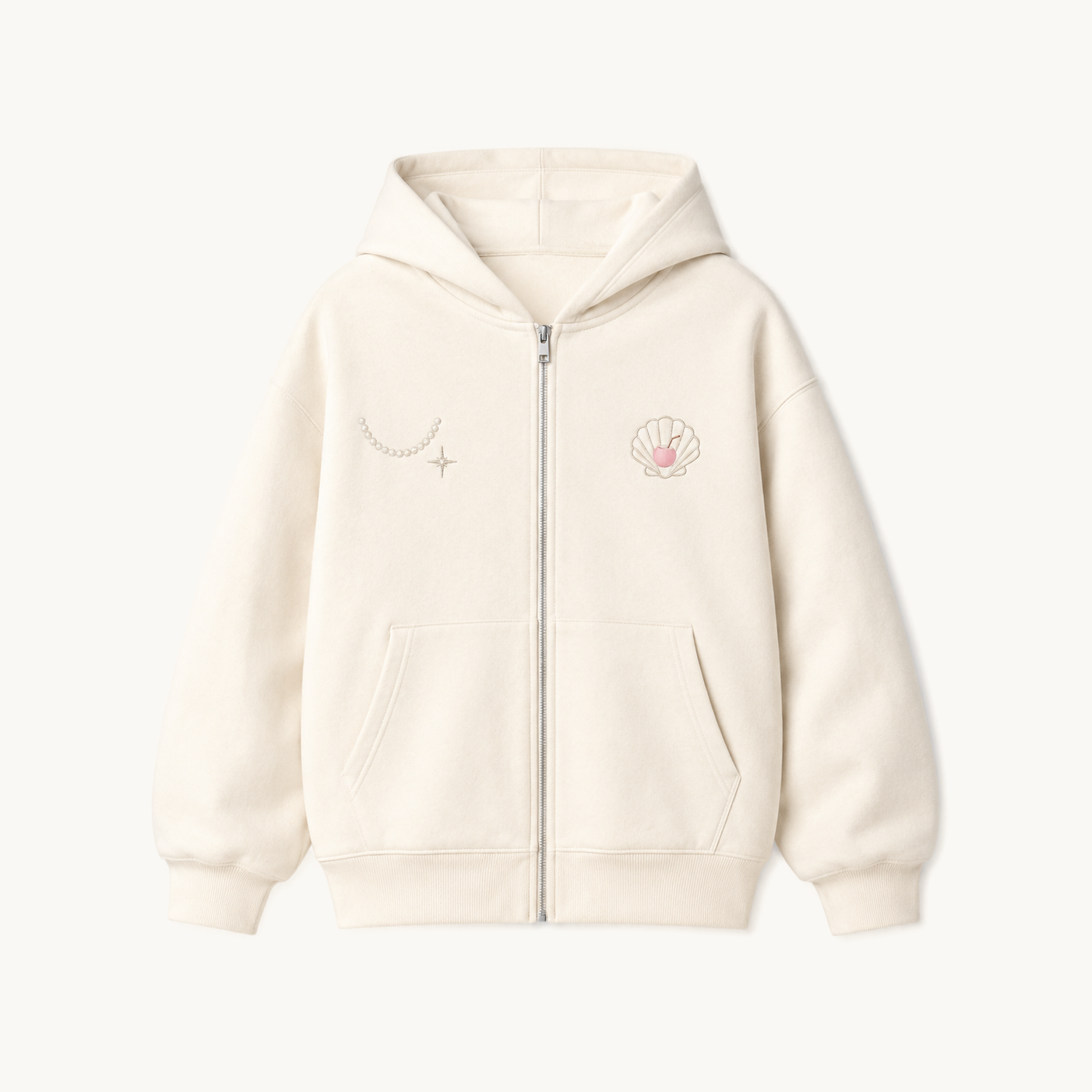 PinkyCoco Seashell Jewellery Box women's fleece zip hoodie on warm ivory background
