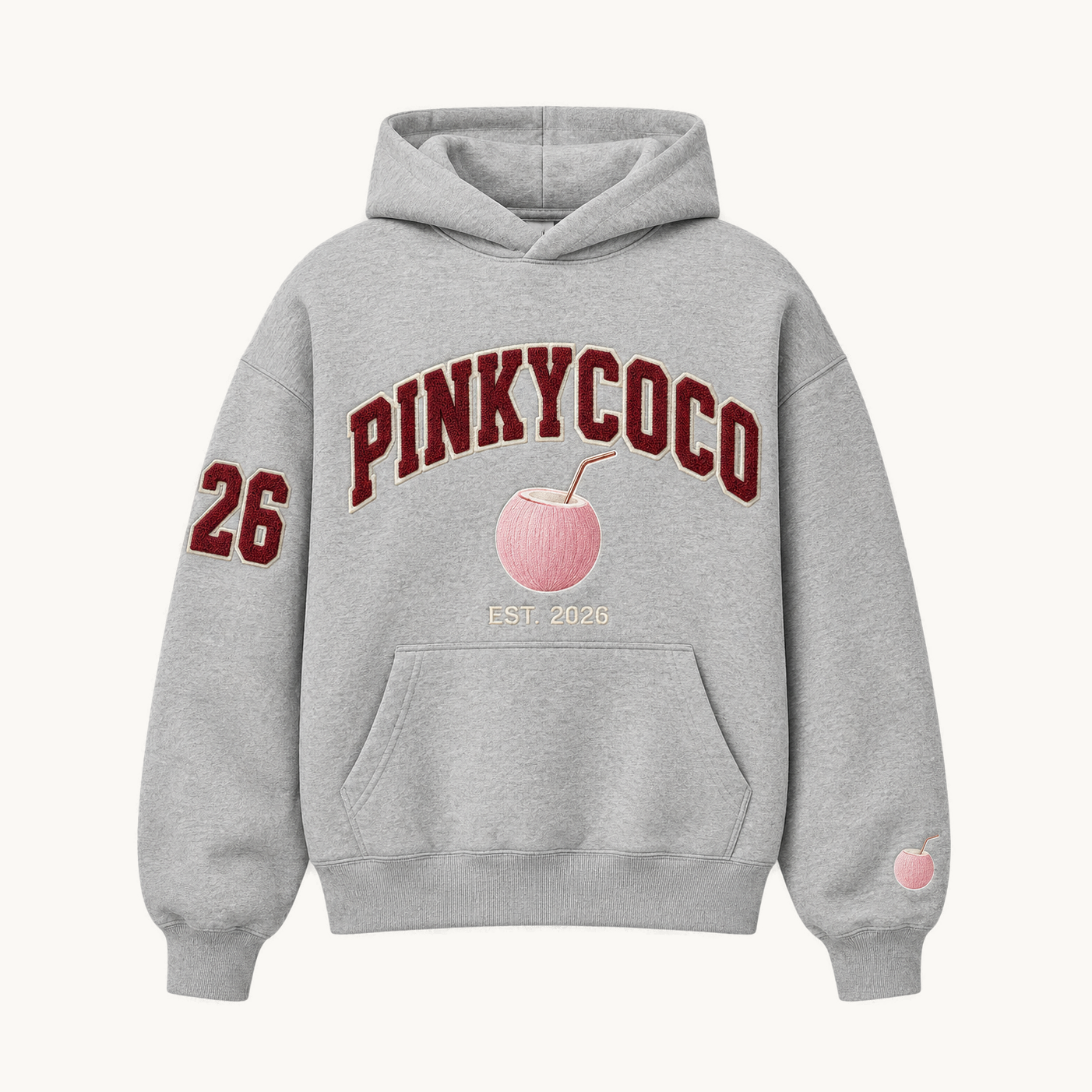 PinkyCoco Signature Coco women's oversized fleece hoodie on warm ivory background