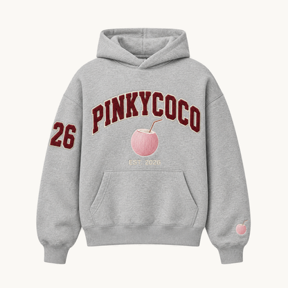 PinkyCoco Signature Coco women's oversized fleece hoodie on warm ivory background