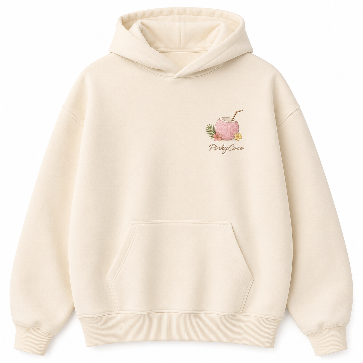 Model wearing the PinkyCoco Signature Coconut Farm oversized fleece hoodie