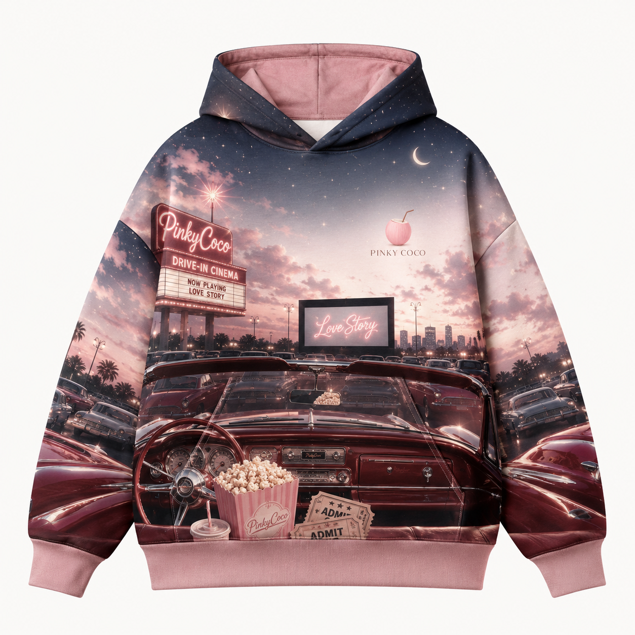 Model wearing the PinkyCoco Starlet Drive In oversized fleece hoodie