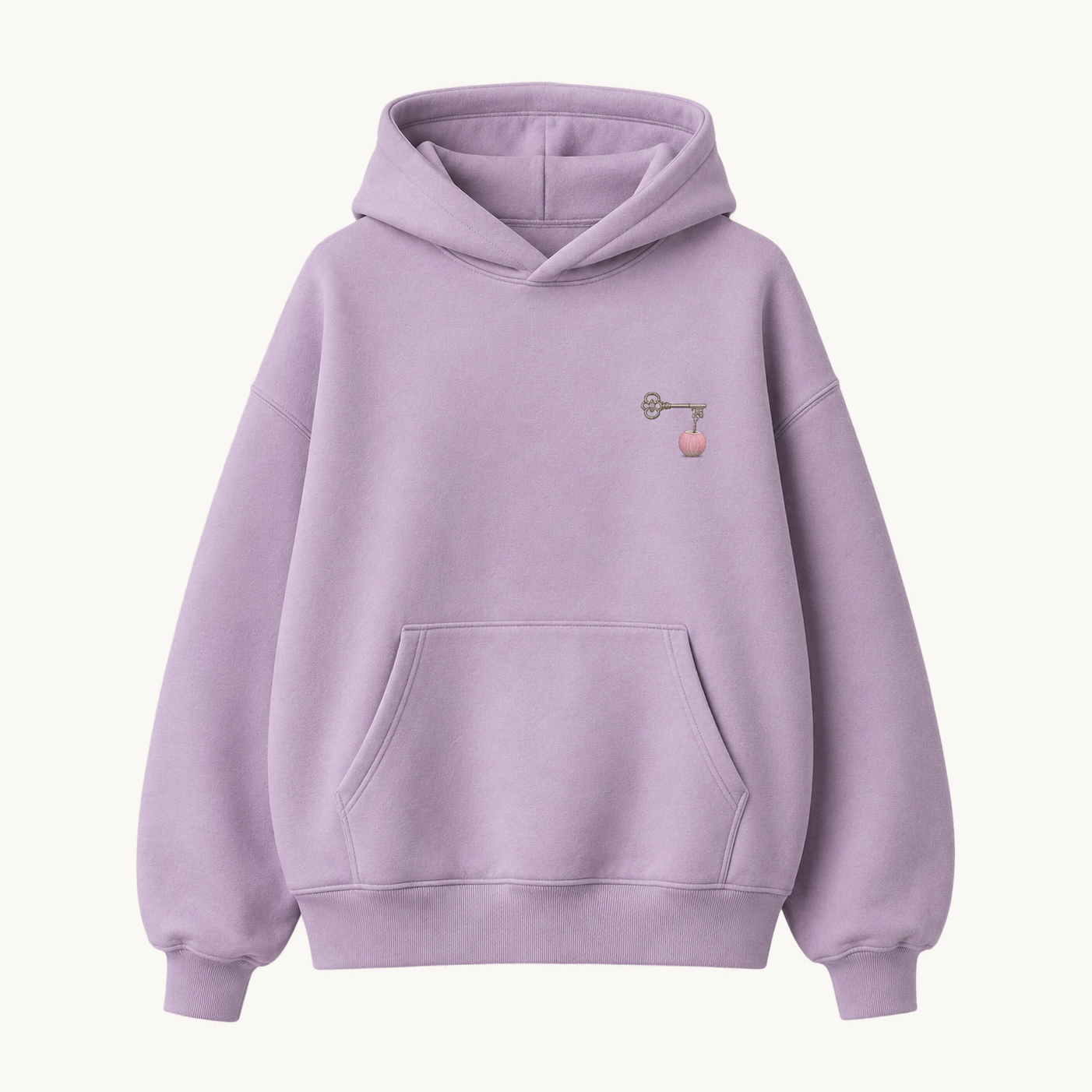 PinkyCoco Strawberry Chateau women's oversized fleece hoodie on warm ivory background