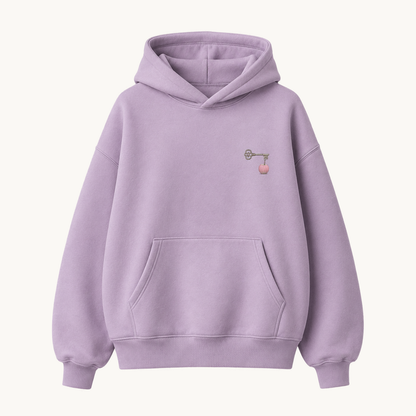 PinkyCoco Strawberry Chateau women's oversized fleece hoodie on warm ivory background