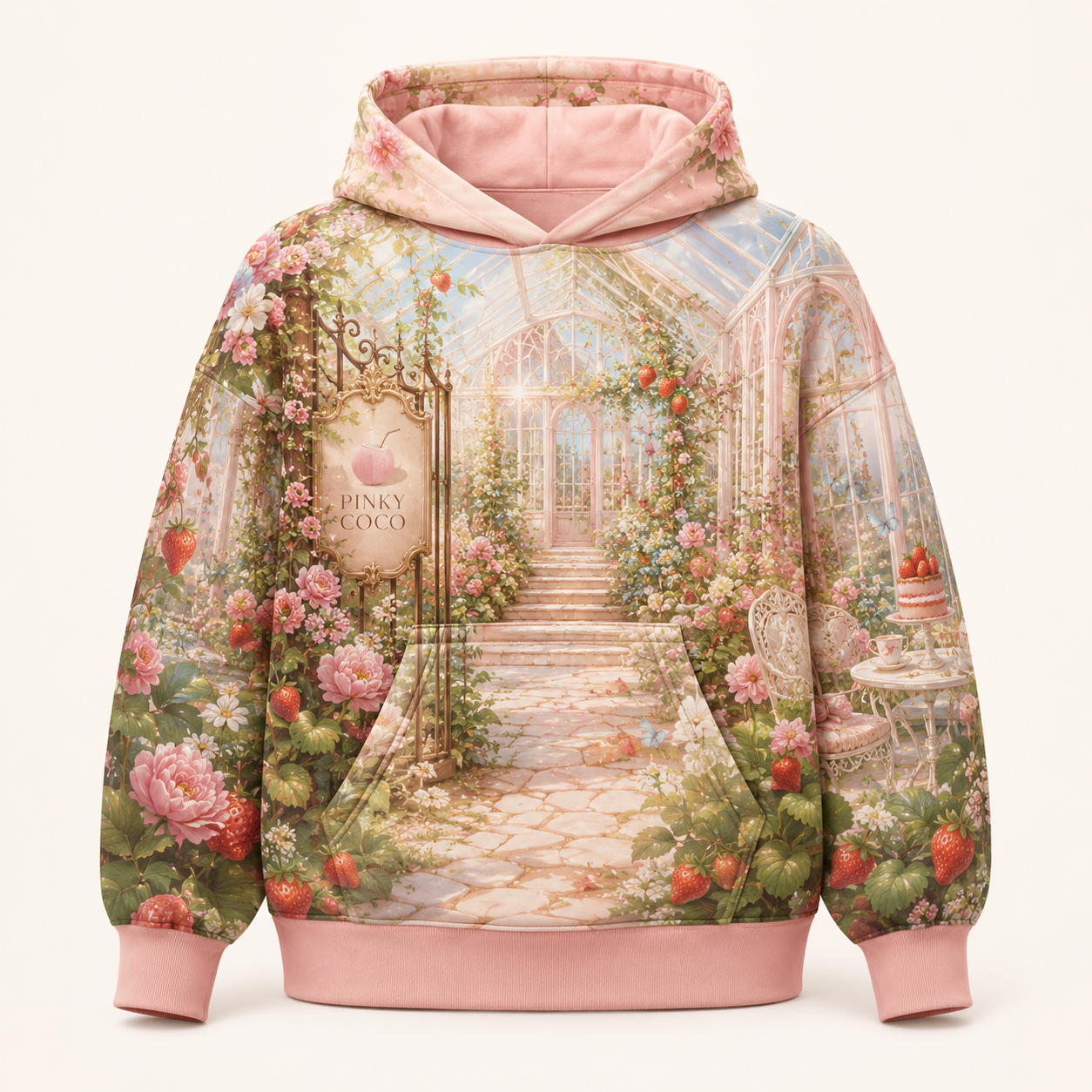 Model wearing the PinkyCoco Strawberry Glasshouse oversized fleece hoodie