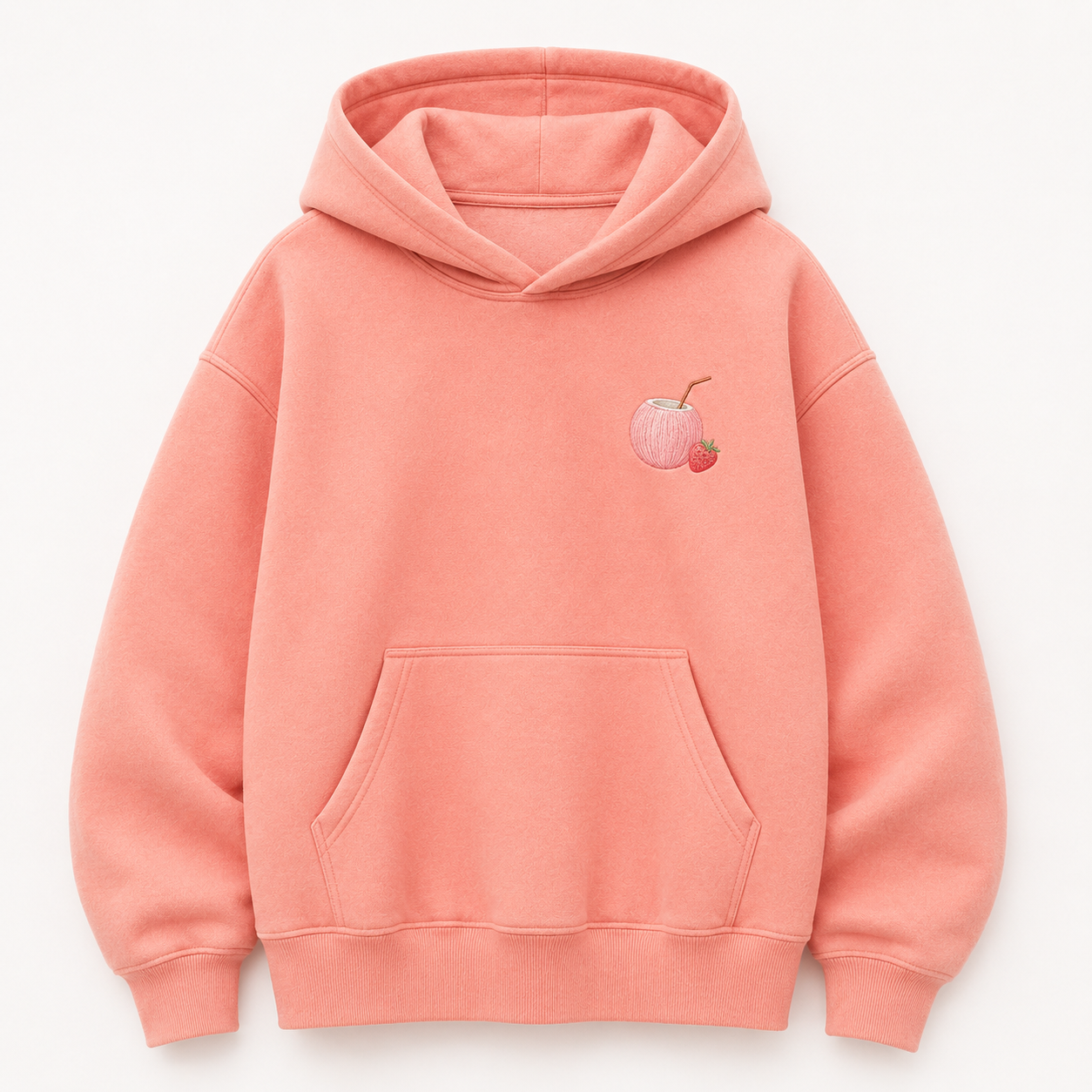 Model wearing the PinkyCoco Strawberry Rainbow Coast oversized fleece hoodie