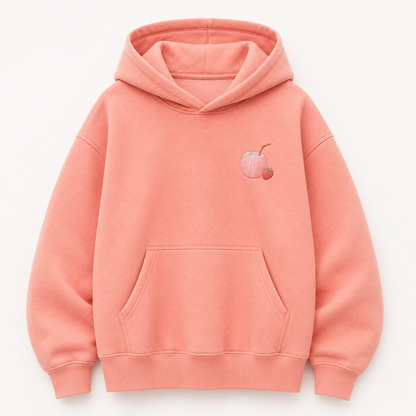 Model wearing the PinkyCoco Strawberry Rainbow Coast oversized fleece hoodie