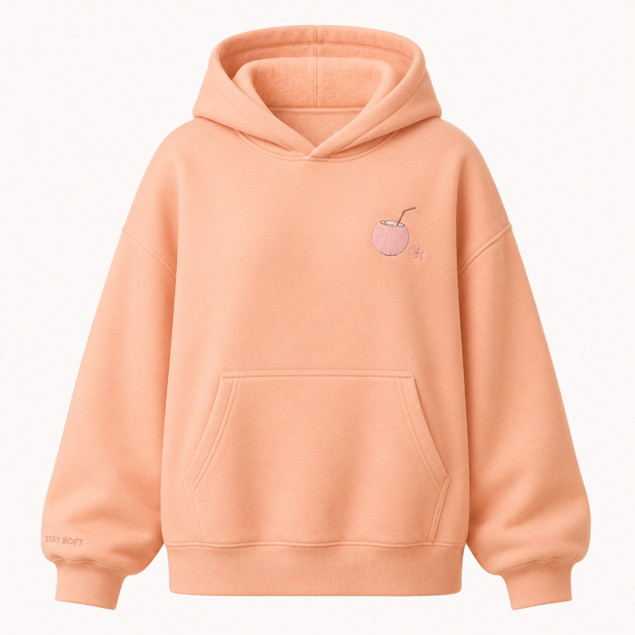 Model wearing the PinkyCoco Sun Kissed Blossom Beach oversized fleece hoodie