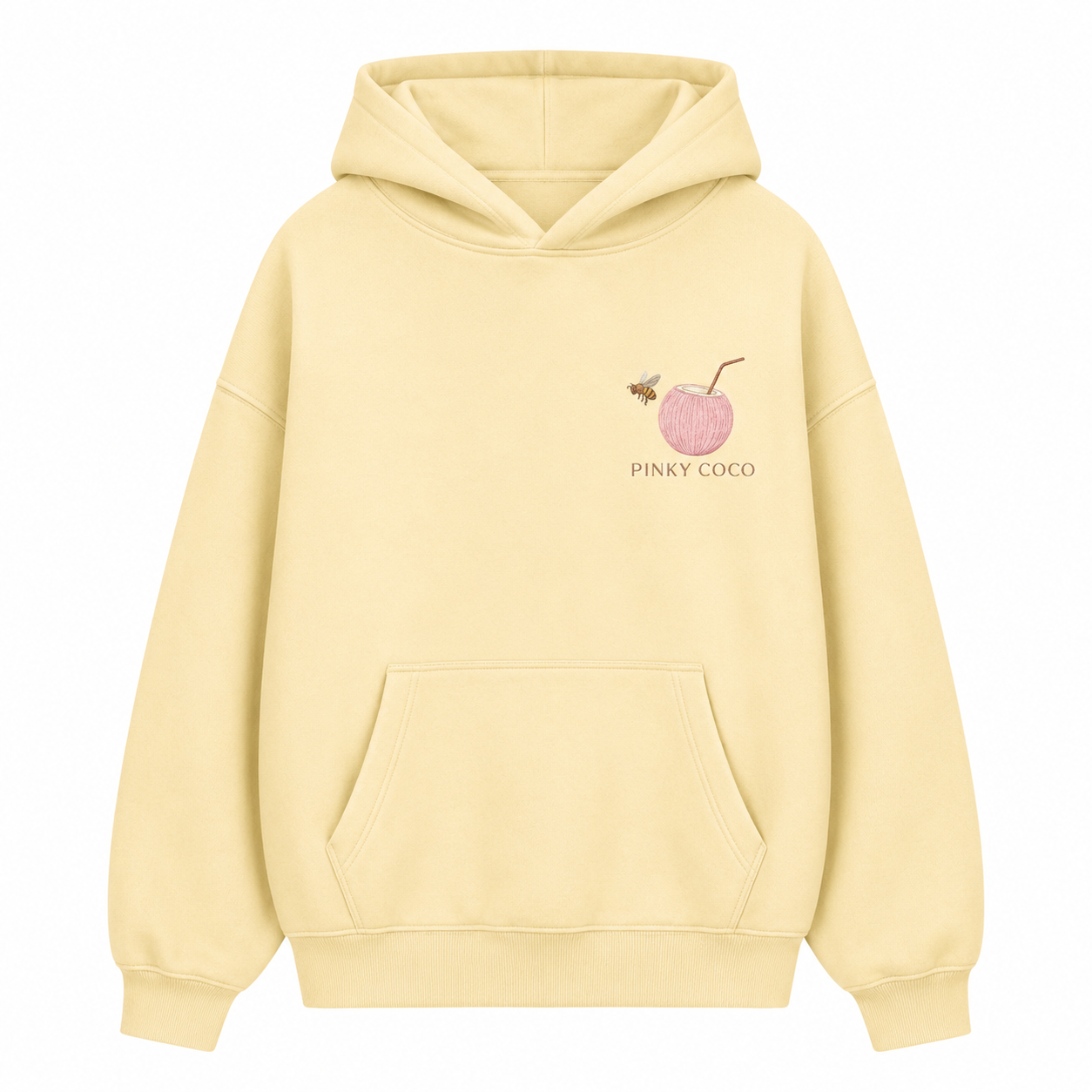 Model wearing the PinkyCoco Sunflower Good Vibes Morning oversized fleece hoodie