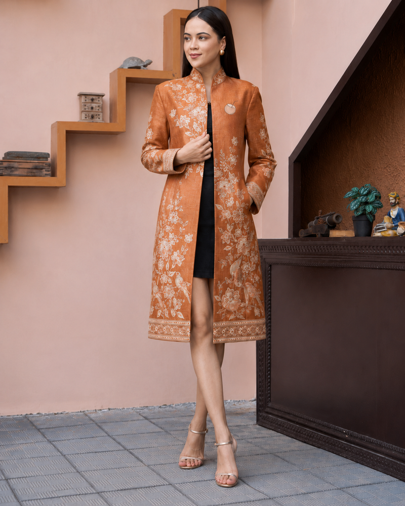 PinkyCoco Terracotta Floral Women's Silk Statement Coat