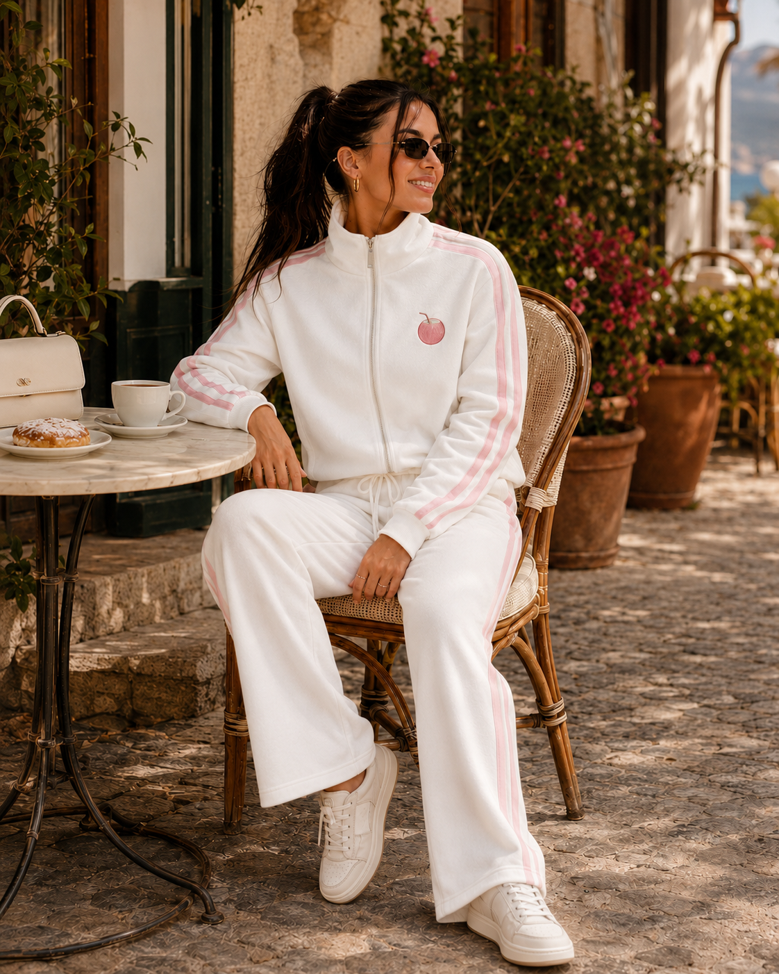 Model wearing the PinkyCoco White Pinkstripe Coco women's matching fleece lounge set, front view