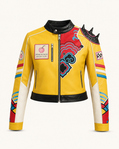 Model wearing the PinkyCoco Yellow Pop Spiked women's racing jacket, front view