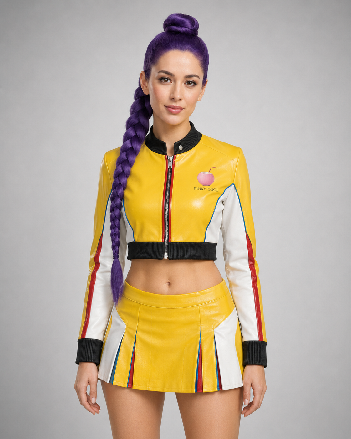 Model wearing the PinkyCoco Yellow Pop women's sheepskin leather racing jacket and skirt set, front view