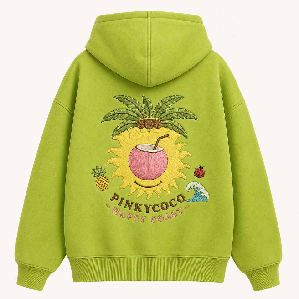 PinkyCoco Acid Palm Smiley women's graphic fleece hoodie product front view in acid green