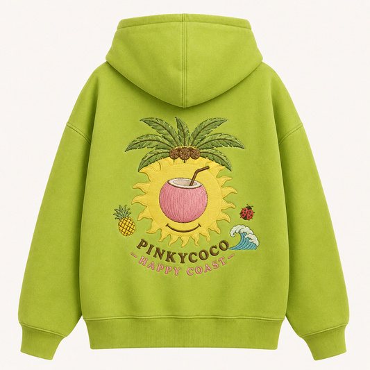 PinkyCoco Acid Palm Smiley women's graphic fleece hoodie product front view in acid green