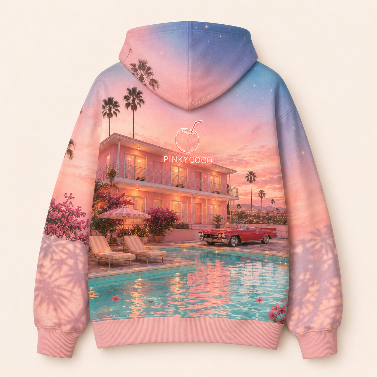 Front view of the PinkyCoco Afterglow Motel women's hoodie