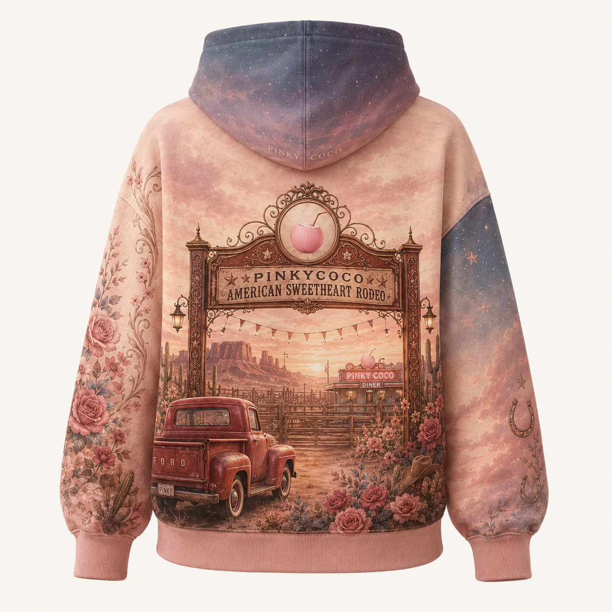 Front view of the PinkyCoco American Sweetheart Rodeo women's hoodie