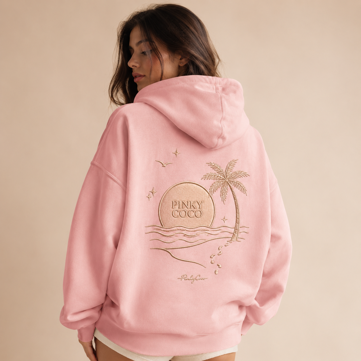 Front view of the PinkyCoco Barefoot Golden Hour women's hoodie
