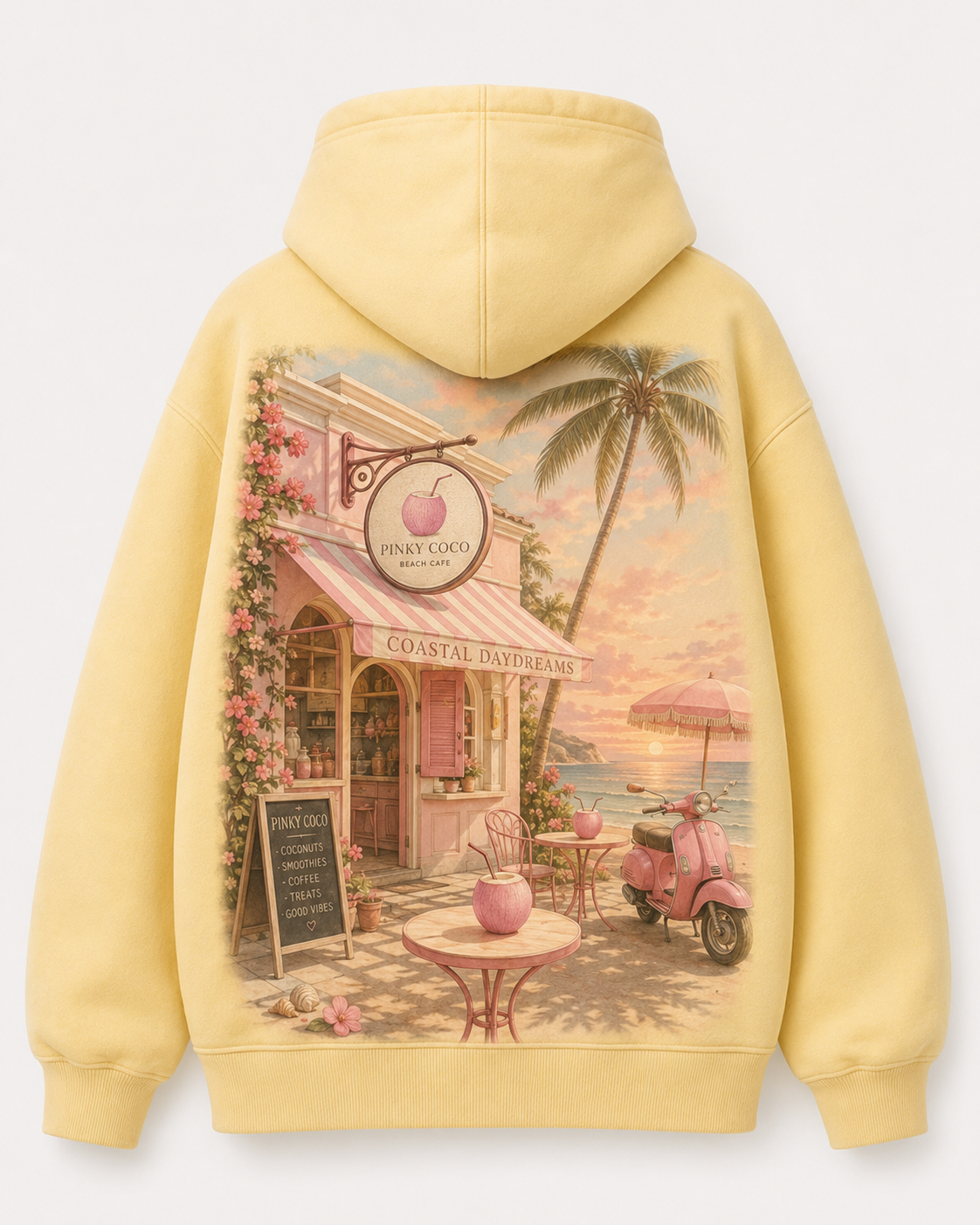 Front view of the PinkyCoco Beach Cafe women's hoodie