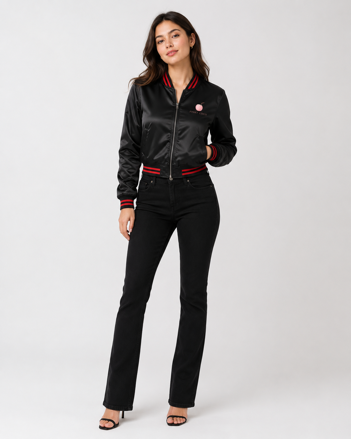 PinkyCoco Black Red Coco Women's Satin Bomber Jacket, front view