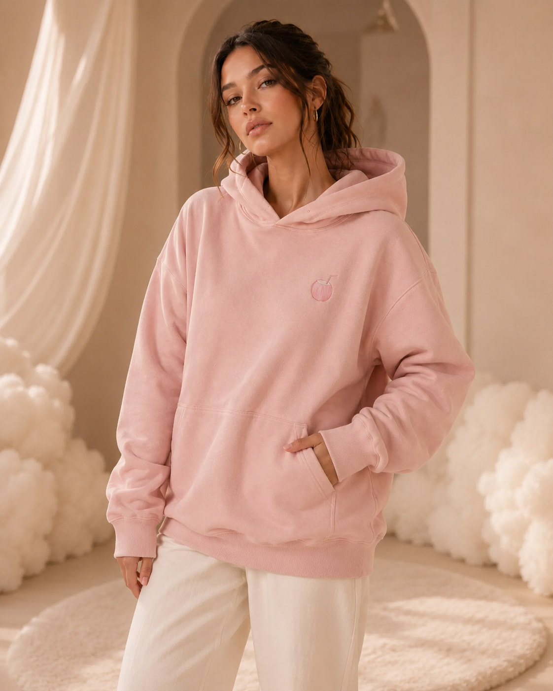 Front view of the PinkyCoco Blush Coco women's hoodie