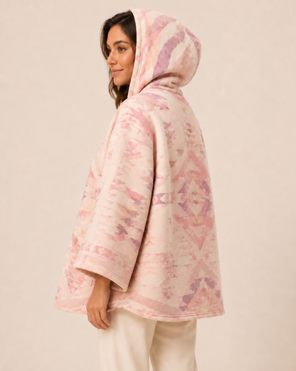 Front product view of the PinkyCoco Blush Desert Geo women's wool blend artistic hooded cape