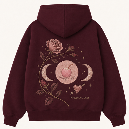 Front view of the PinkyCoco Burgundy Rose Moon women's hoodie
