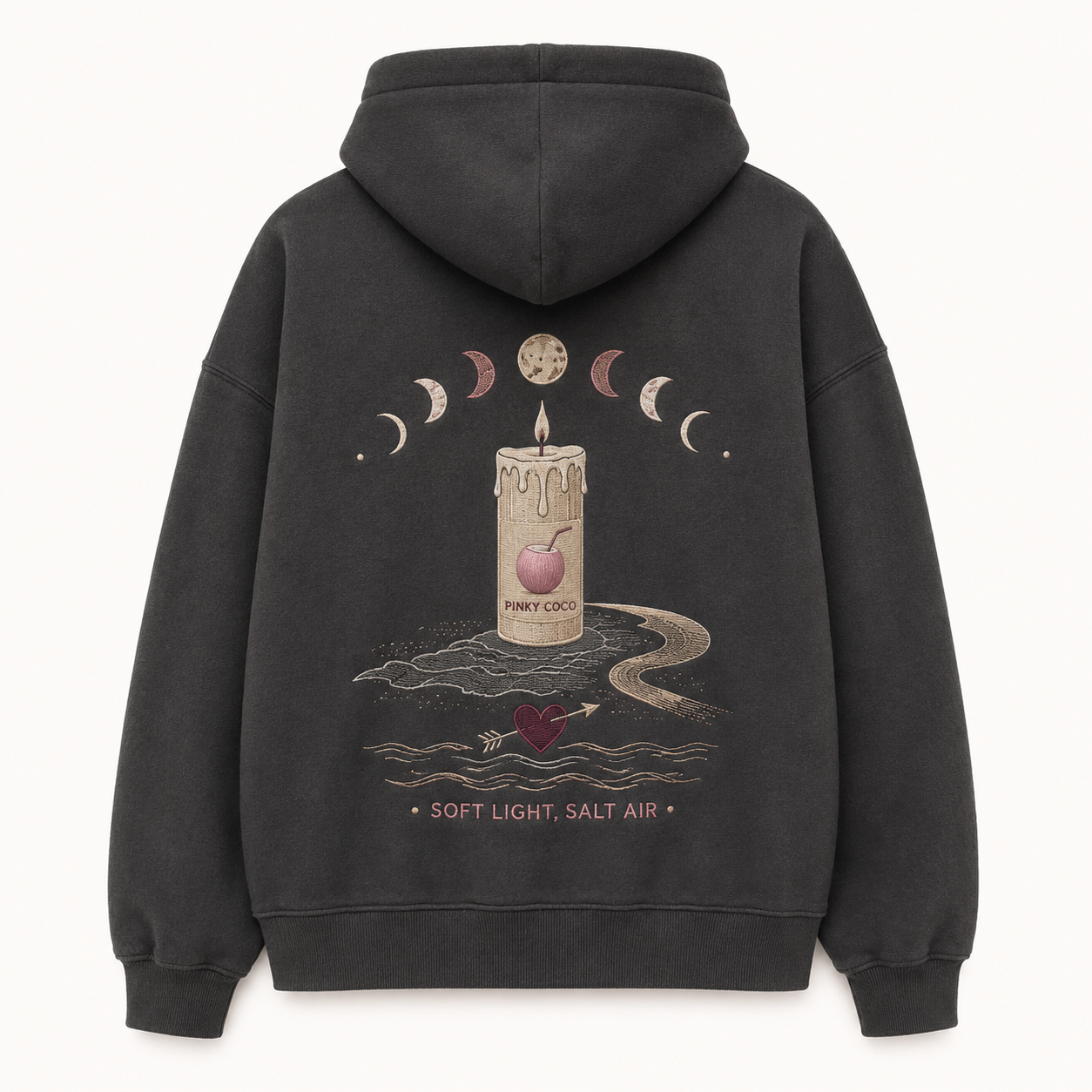 Front view of the PinkyCoco Candlelight Moon Shore women's hoodie