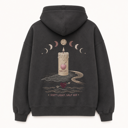 Front view of the PinkyCoco Candlelight Moon Shore women's hoodie