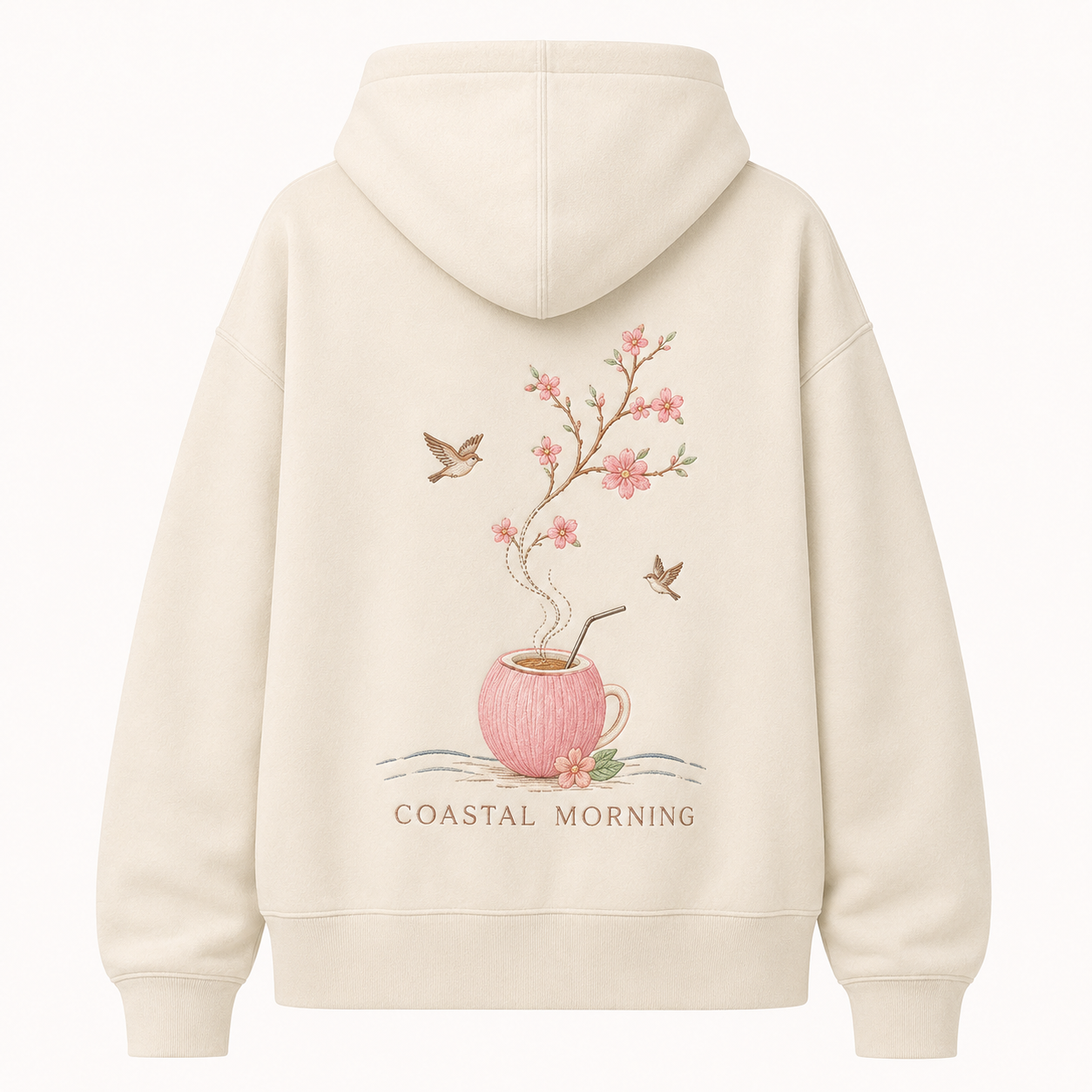 Front view of the PinkyCoco Cherry Blossom Coffee Coast women's hoodie