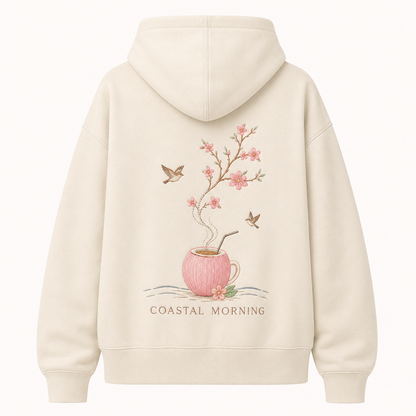 Front view of the PinkyCoco Cherry Blossom Coffee Coast women's hoodie