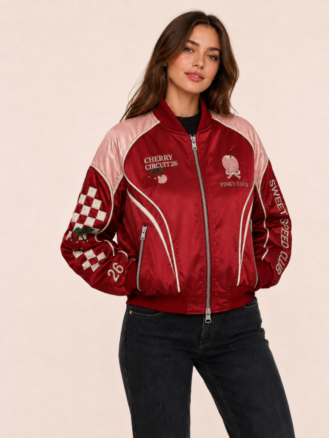 Front view of the PinkyCoco Cherry Circuit women's satin racing jacket